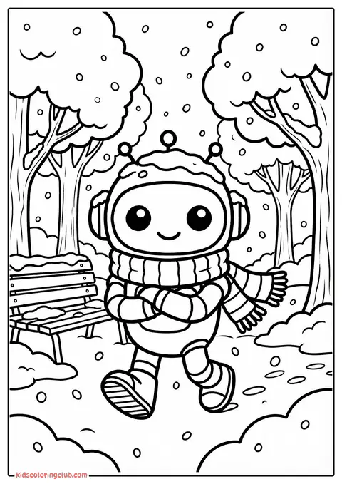 Tegnefilmsrobot i vintert&oslash;j der st&aring;r i en snekl&aelig;dt skov med en b&aelig;nk