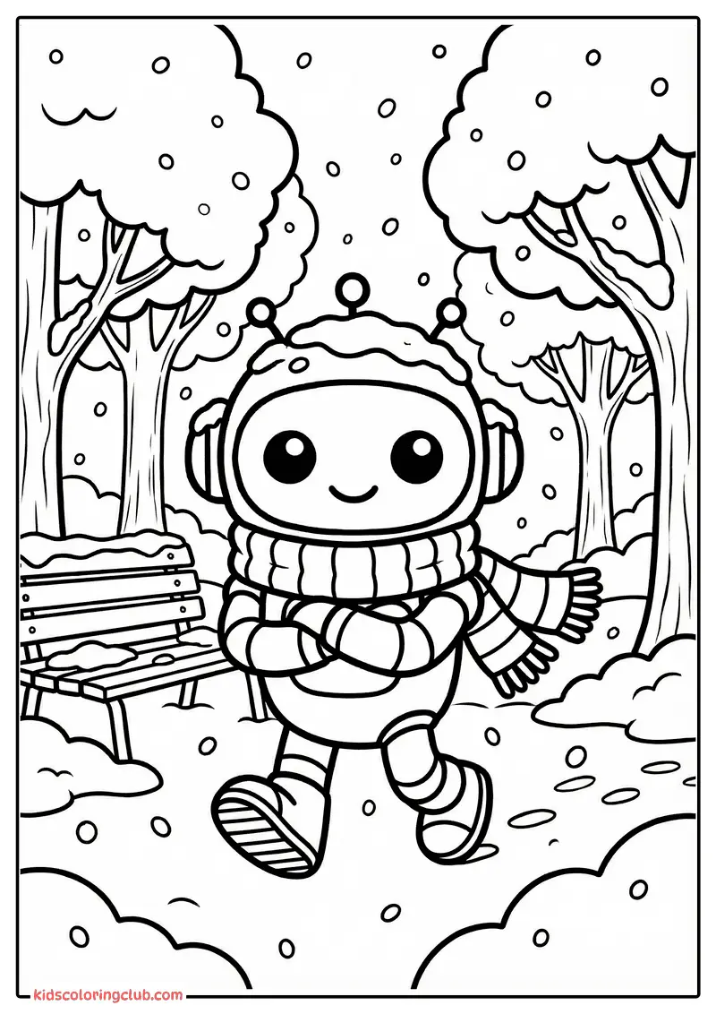 Tecknad Robot i Vinterkl&auml;der St&aring;ende i Sn&ouml;ig Skog med B&auml;nk