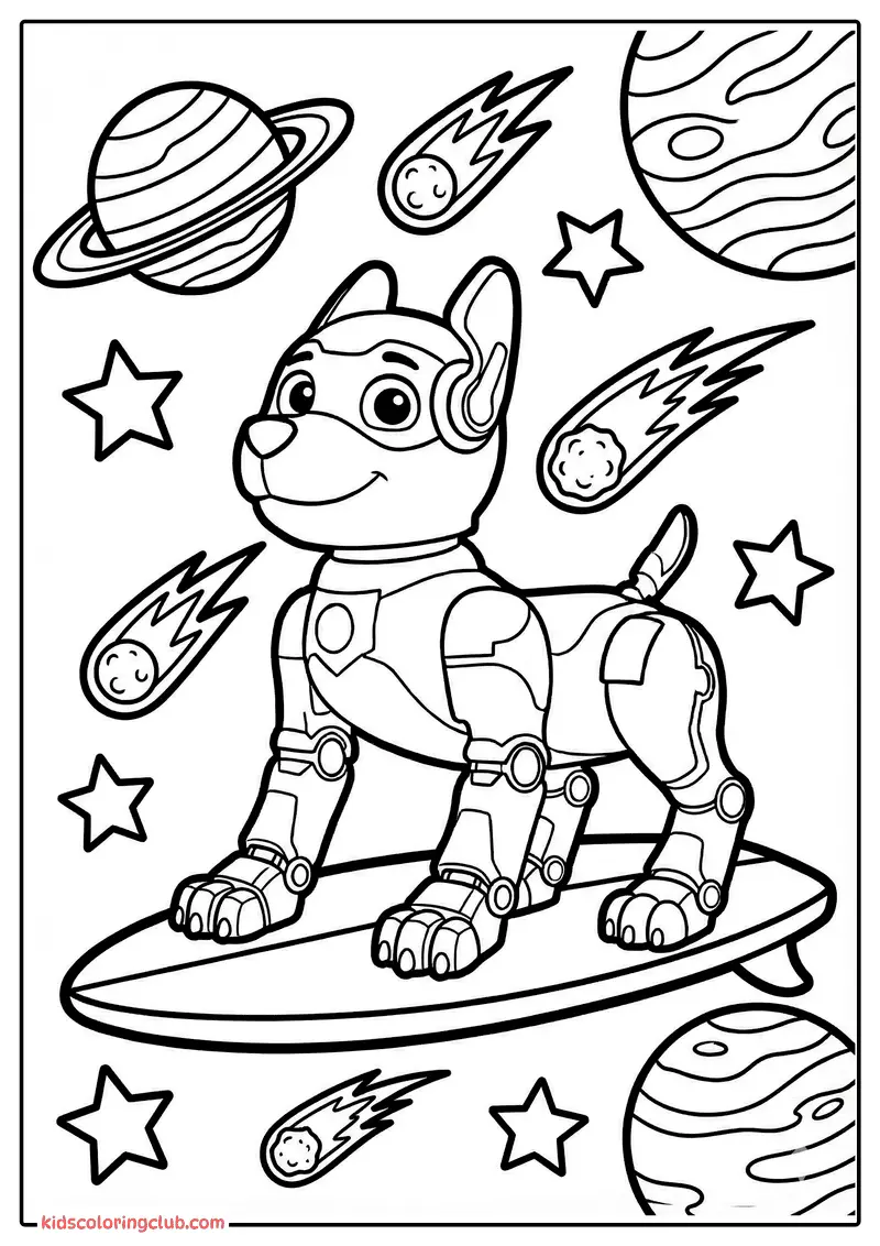 Robohund auf einem Raumschiff umgeben von Sternen und Planeten