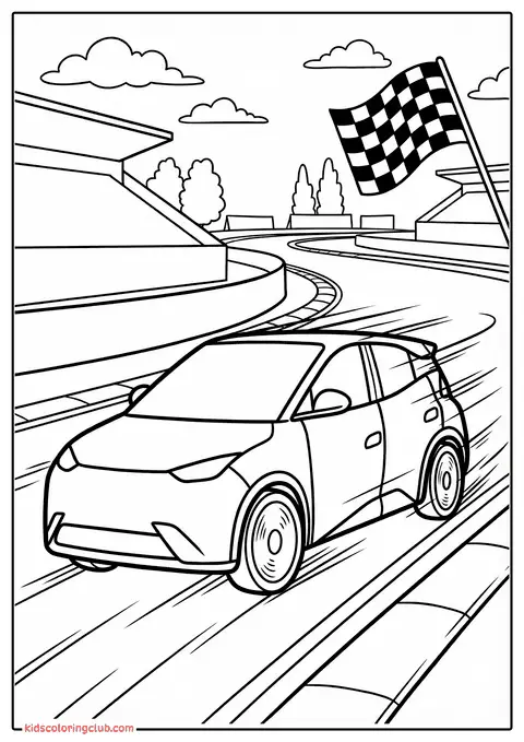 Auto da corsa in pista con bandiera a scacchi che sventola, pronta per il coloring
