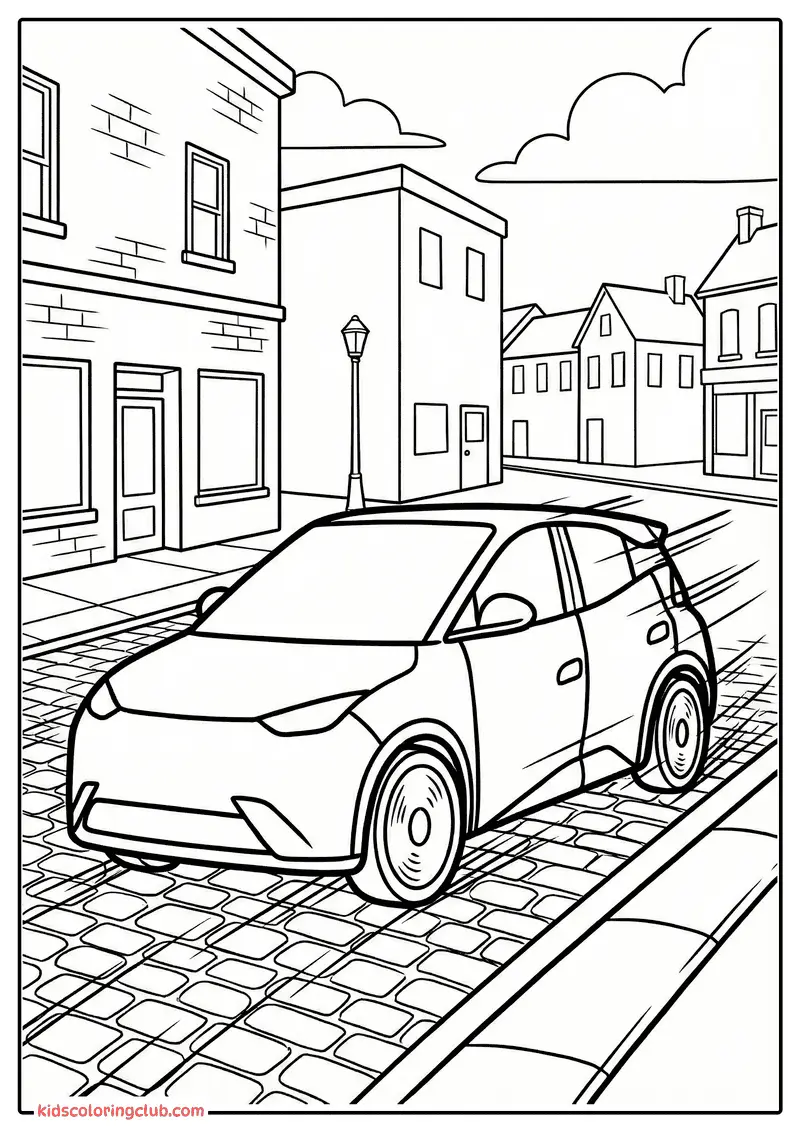 Disegno a Linee in Bianco e Nero di un Auto Cartoon su Strada Cittadina Acciottolata