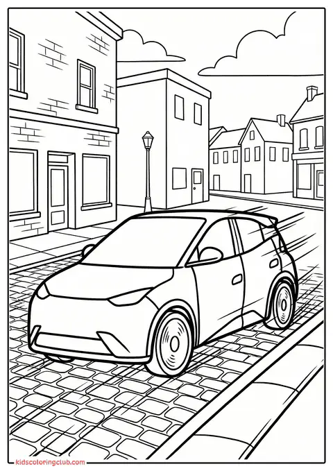 Schwarz-weiße Linienzeichnung eines Cartoon-Autos auf einer Kopfsteinpflaster-Stadtstraße