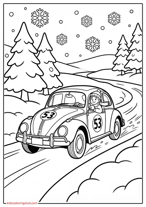 Cartoon auto rijdend door een sneeuwlandschap met bomen en sneeuwvlokken