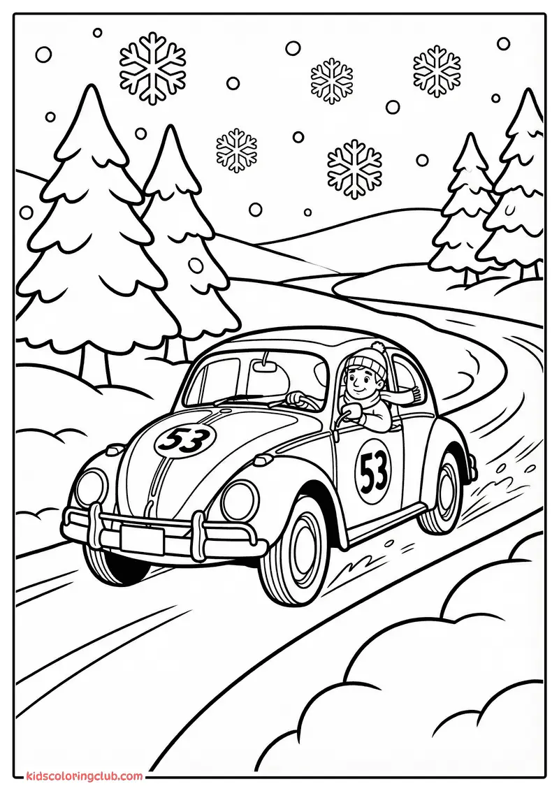 Voiture cartoon roulant dans un paysage enneig&eacute; avec arbres et flocons de neige