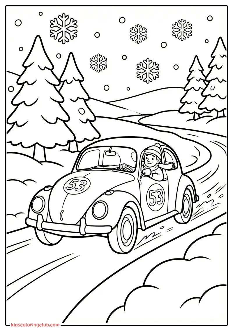 Child driving VW Beetle in a snowy landscape with trees and snowflakes