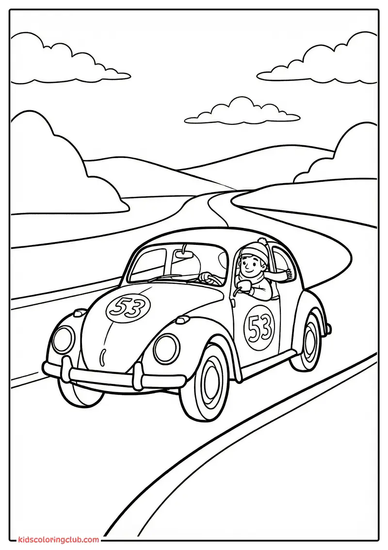 Black and white line drawing of a smiling child driving a Volkswagen Beetle with number 53 on a winding road