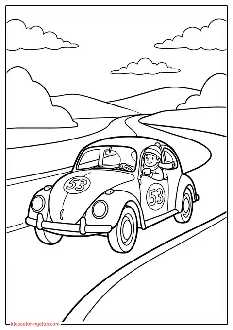 Zwart-wit lijntekening van een glimlachend kind dat een Volkswagen Kever met nummer 53 bestuurt op een bochtige weg