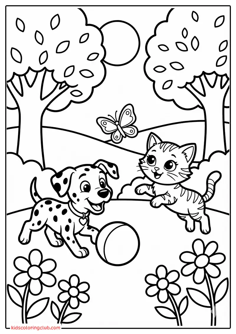 Cane e Gatto Cartoon che Giocano Insieme in un Giardino