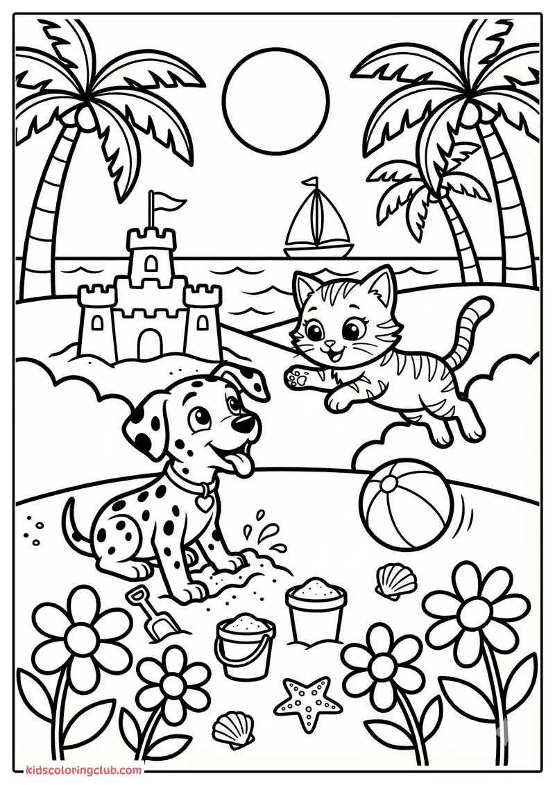 Disegno a linee in bianco e nero di un cane dalmata e un gatto che giocano in spiaggia con palme e castello di sabbia