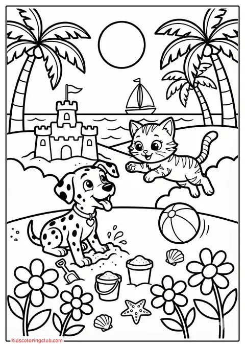 Zwart-wit lijntekening van een dalmatiër hond en een kat spelend op het strand met palmbomen en zandkasteel