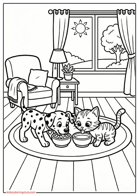 Disegno a linee in bianco e nero di un cucciolo e un gattino che condividono la pappa in casa