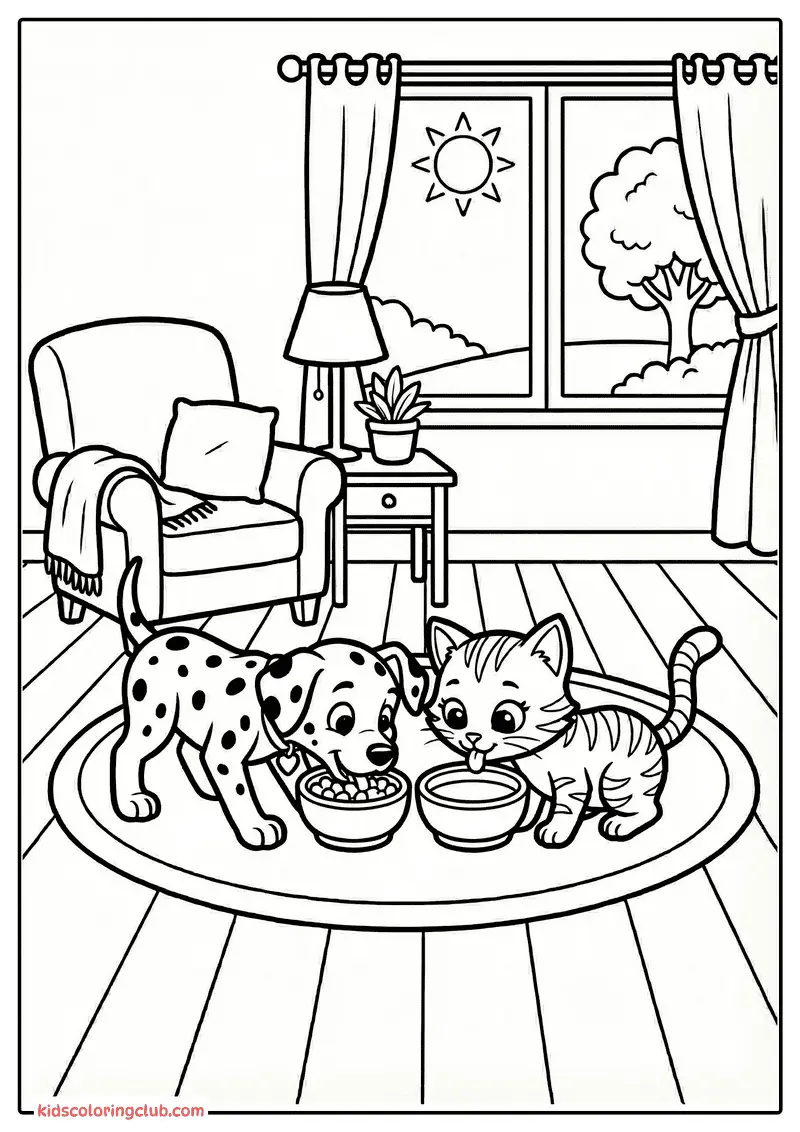 Dessin en noir et blanc d'un chiot et d'un chaton partageant un repas &agrave; l'int&eacute;rieur