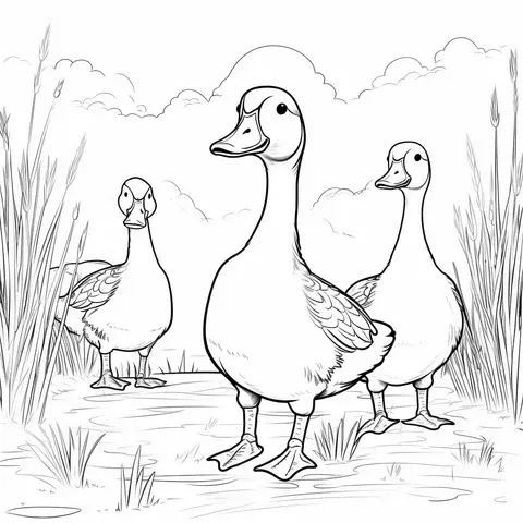 Three geese waddling in sunny meadow with reeds coloring page for kids