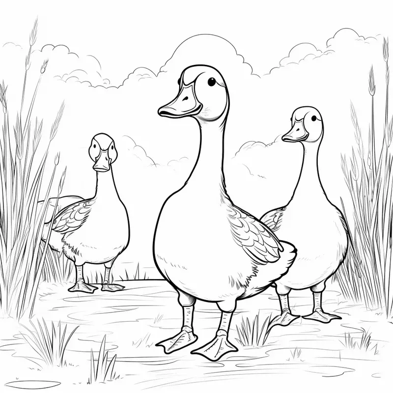 Three geese waddling in sunny meadow with reeds coloring page for kids