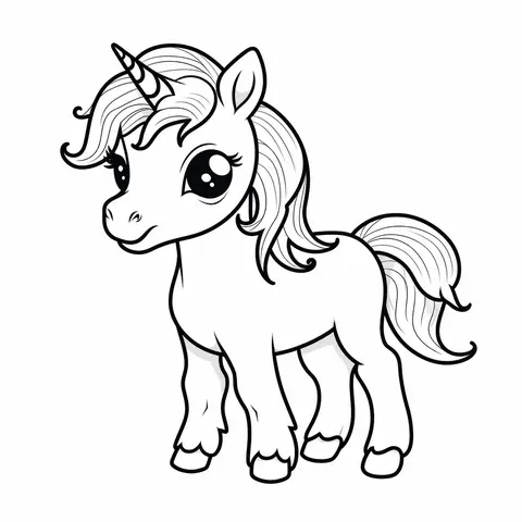 Kawaii baby unicorn coloring page with big eyes and curly mane for kids