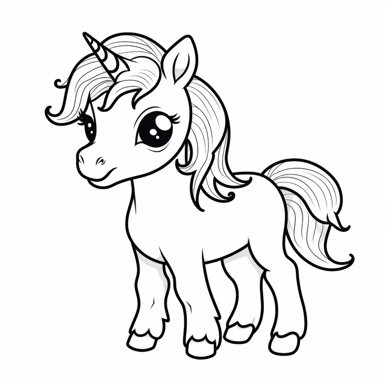 Kawaii baby unicorn coloring page with big eyes and curly mane for kids