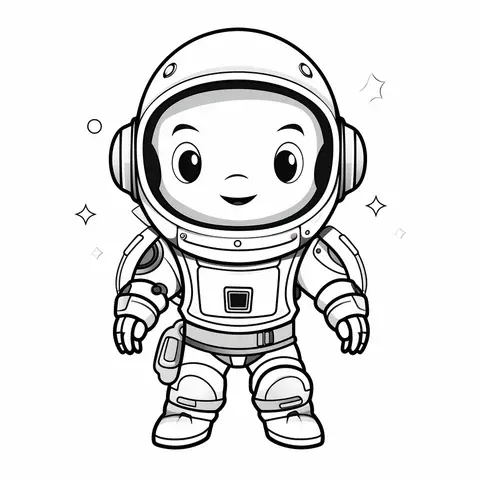 Chibi cartoon astronaut coloring page with helmet, suit, stars for kids space fun