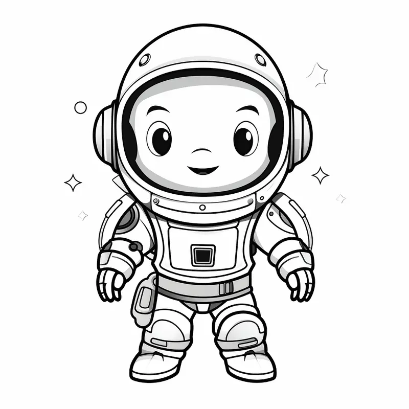 Chibi cartoon astronaut coloring page with helmet, suit, stars for kids space fun