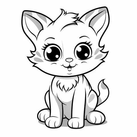 Playful wide-eyed kitten coloring page for kids, fluffy fur and big eyes ready to color