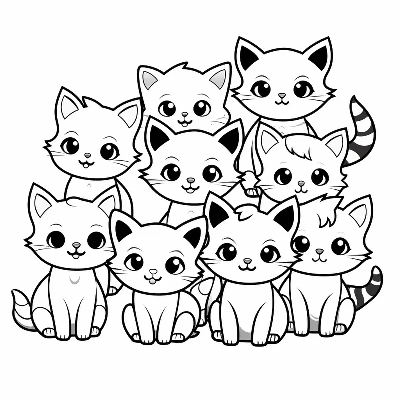 Playful stack of cute kittens coloring page for kids, simple line art
