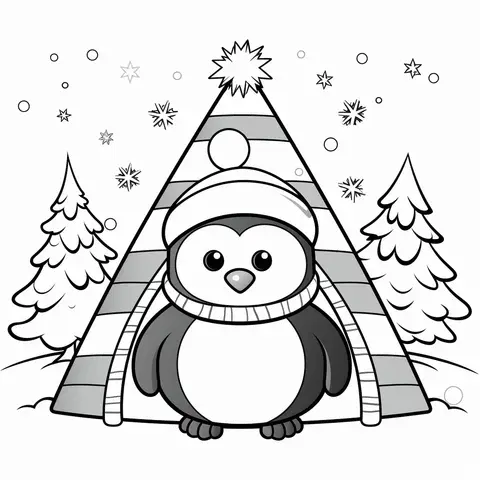 Black and white line drawing of a penguin under a festive triangular banner with trees.